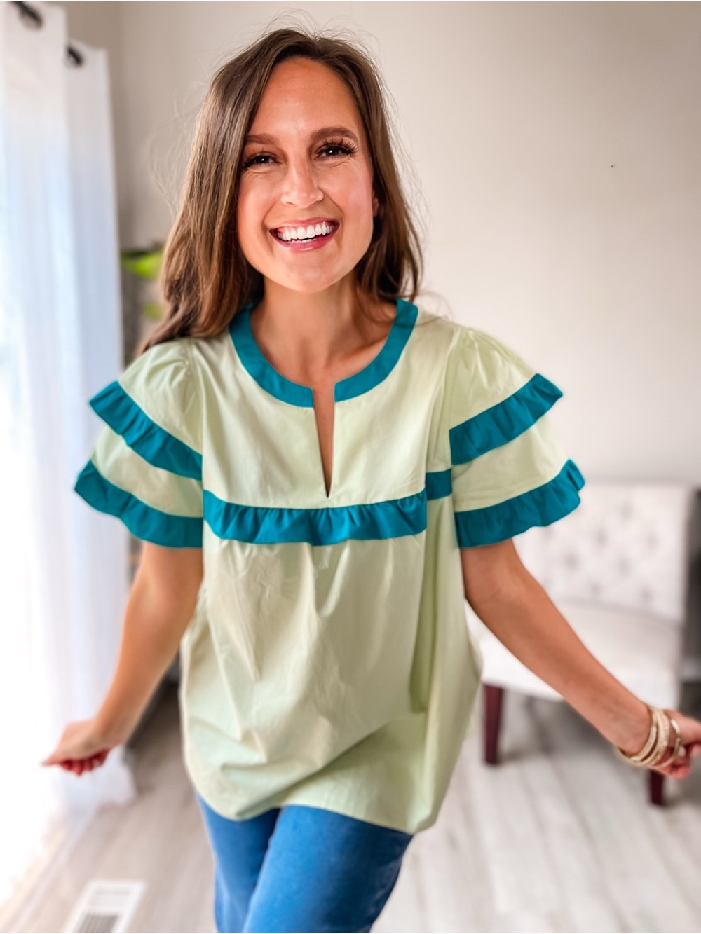Women's Light Green Ruffle Sleeve Top with Teal Trim